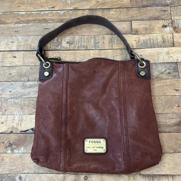 Fossil Handbags - Fossil Long Live Vintage 1954 Chestnut Brown Leather Handbag Hobo Saddle Bag